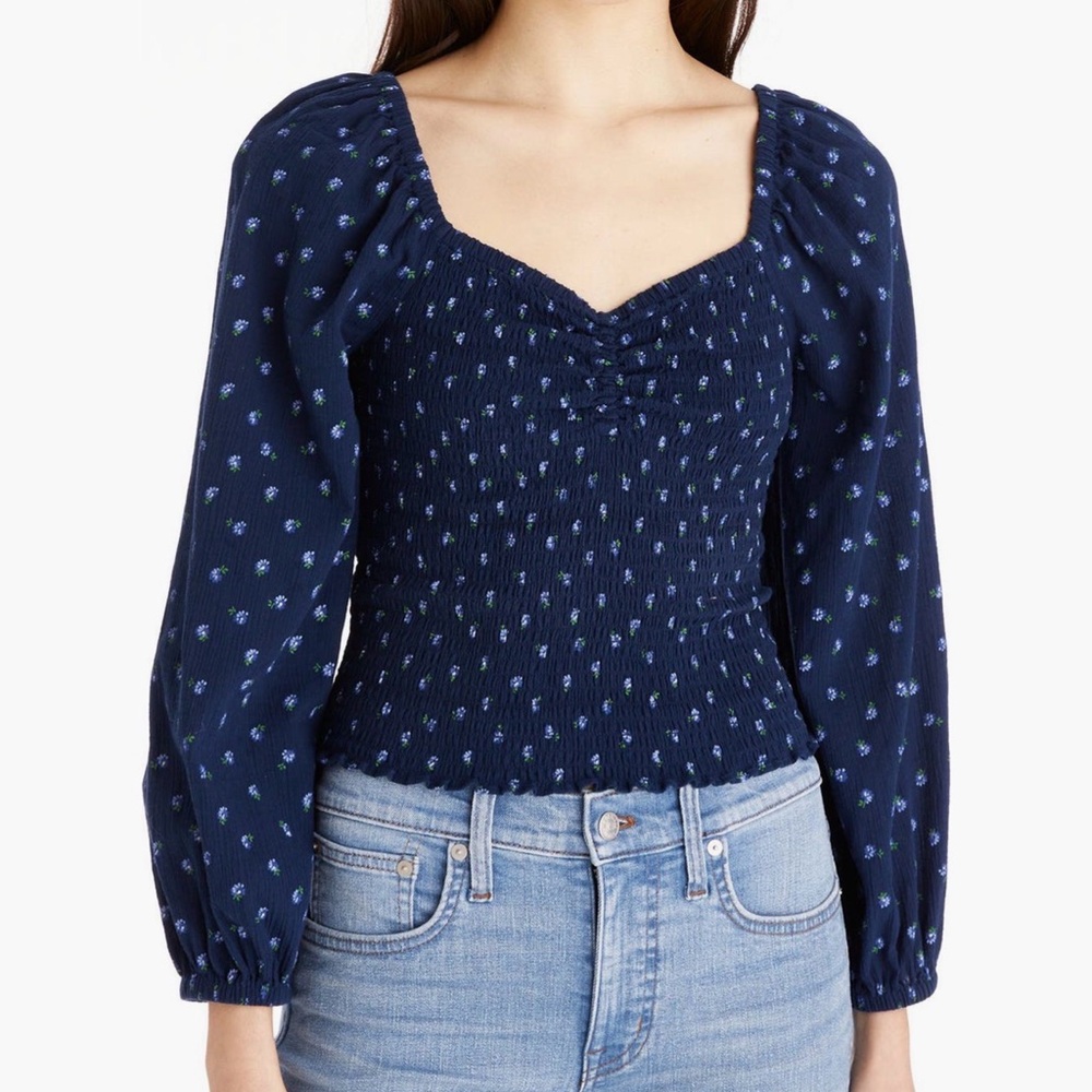 Madewell Lucie Balloon Navy Blue Smocked Top size M